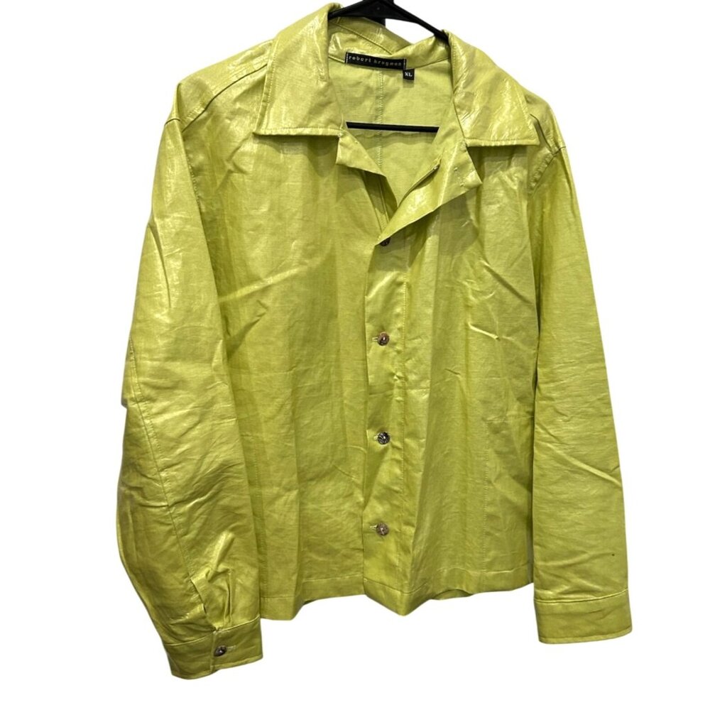 Robert Krugman Lime Green Linen Long Sleeve Button-Up Shirt Sz XL